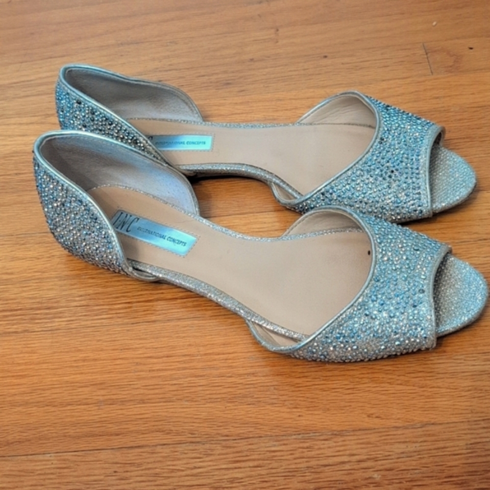 INC Silver Stoned Open Toe Flats Size 8